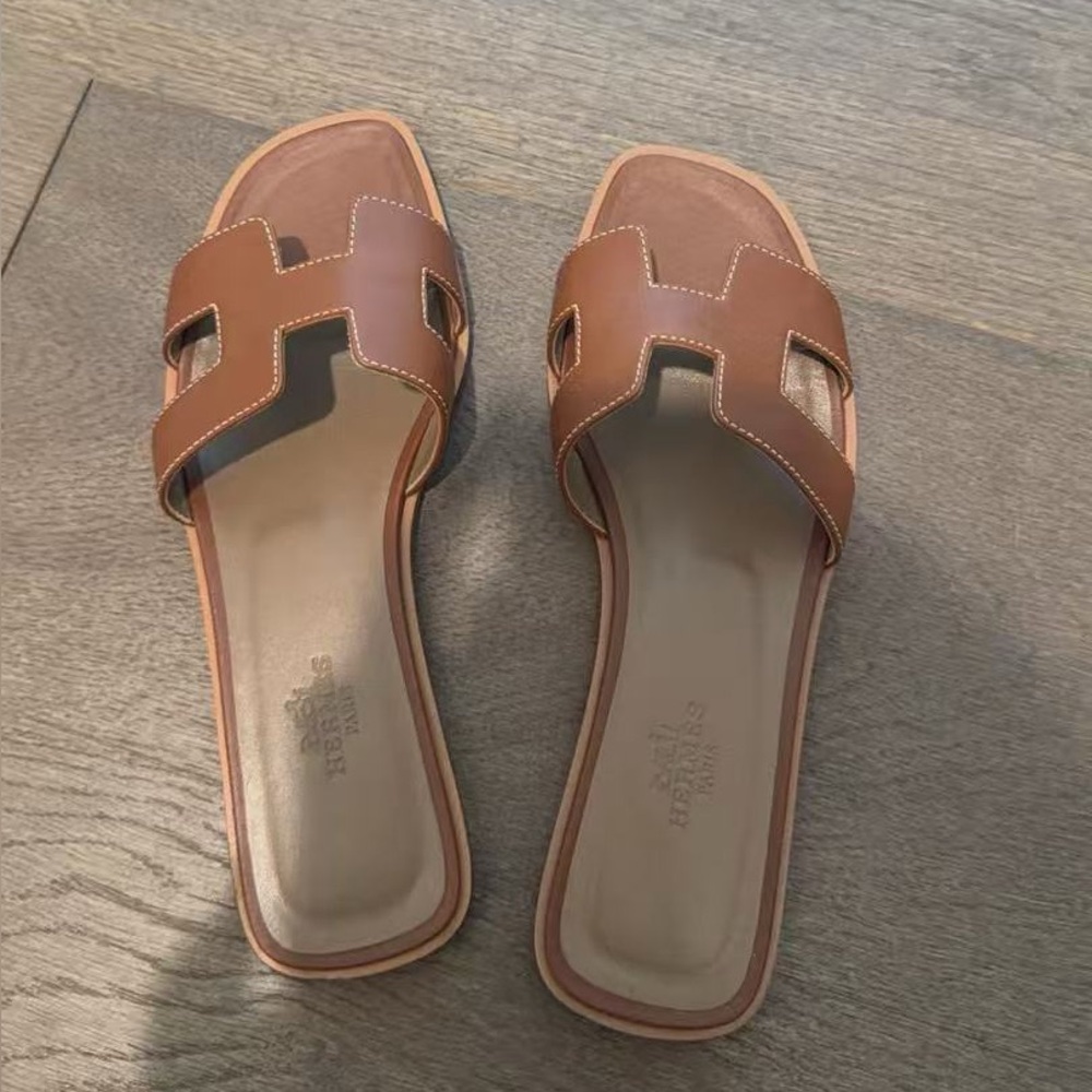 Hermes Tan Leather Slide Sandals